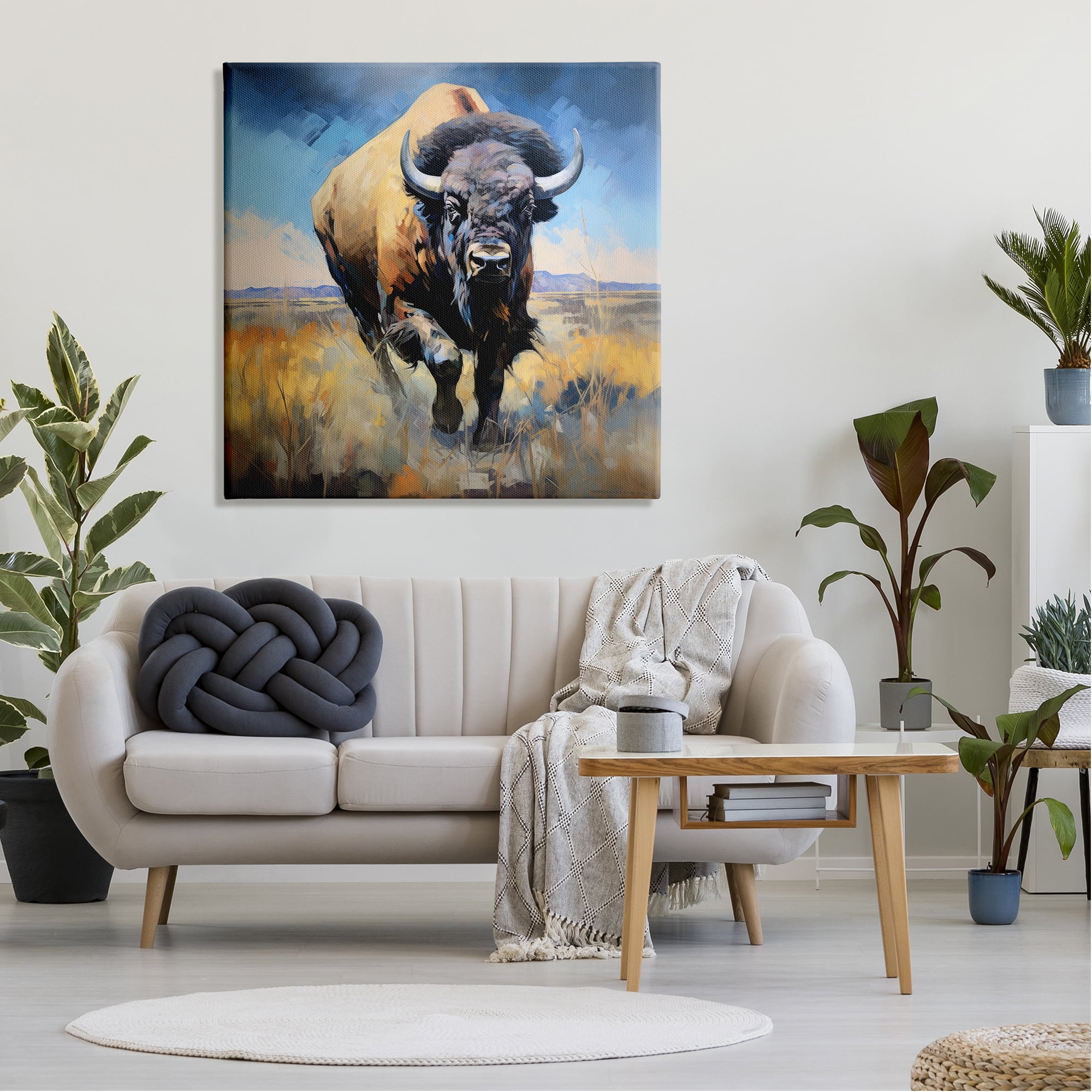 Stupell Industries Bison in Country Field Animals & Insects Painting Gallery Wrapped Canvas Art Print Wall Art, 36 x 36