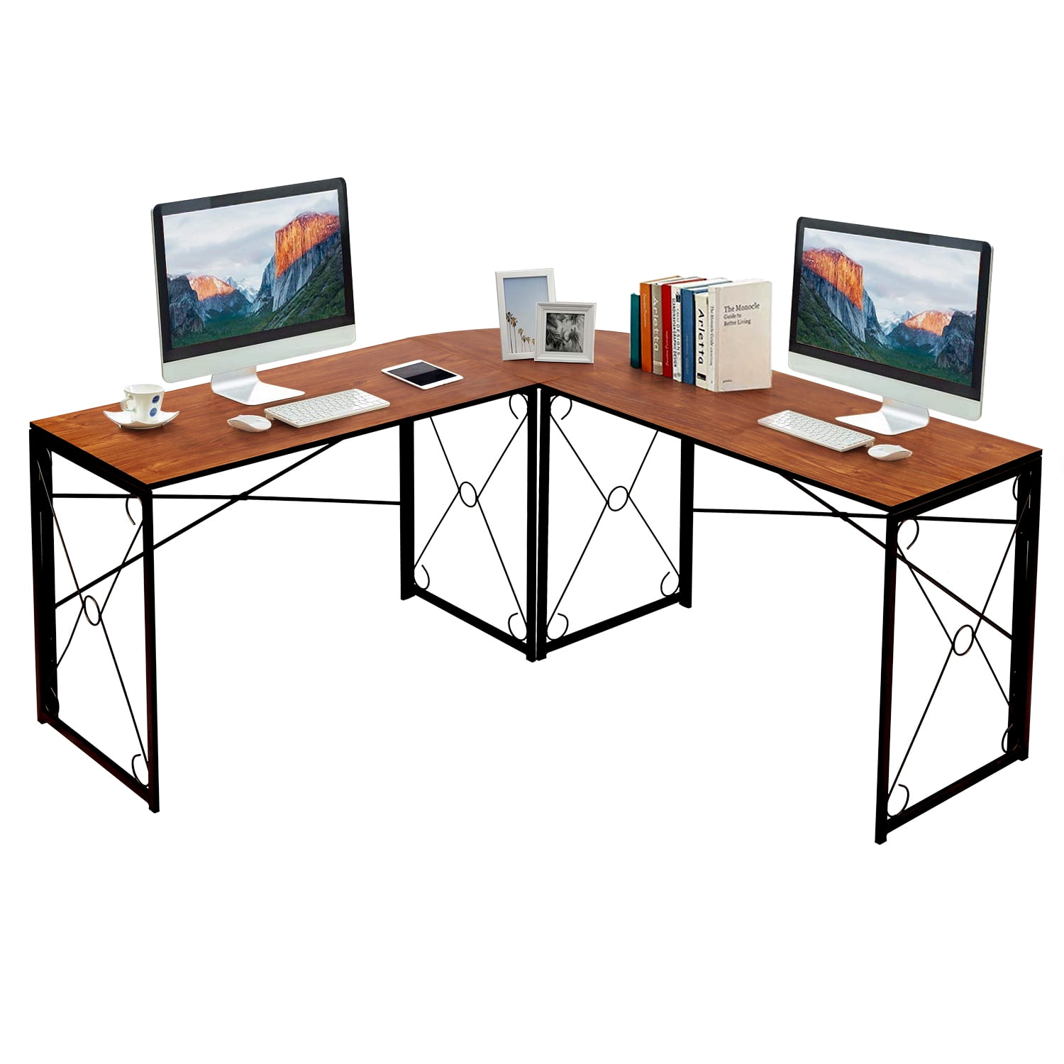 VECELO L Shaped Computer Desk, Corner Computer Desk, Sturdy Home Office Folding Office Table for Small Space, Writing Desk, Gaming Desk Workstation, Brown