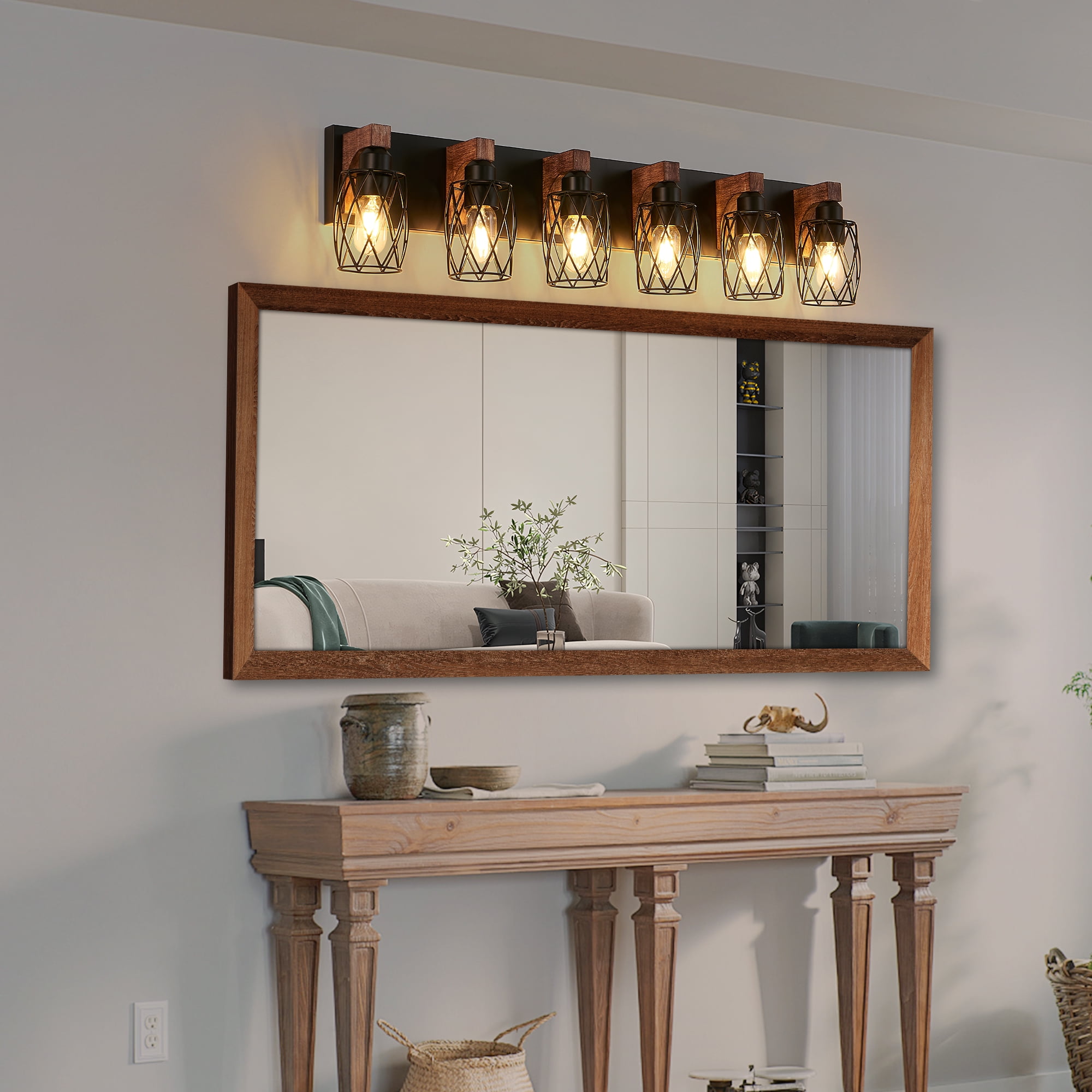 Farmhouse Bathroom Bathroom Vanity Light , 6 Light with Metal and Glass Lampshade, Wood Rustic Lighting Fixtures Over Mirror（37.6inch）