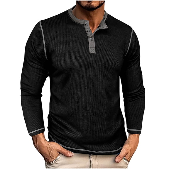RYRJJ Waffle Henley T Shirts for Men Fashion Crewneck Pullover Tops Raglan Long Sleeve Casual Lightweight Button Cotton Basic Shirt(Black,M)