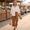 thumbnail image 3 of Satingcolo Linen Pants Women Wide Leg Ruffle Hem Pull On High Waisted Elastic Waist Cropped Ankle Casual Beach Summer Pants Brown L, 3 of 8