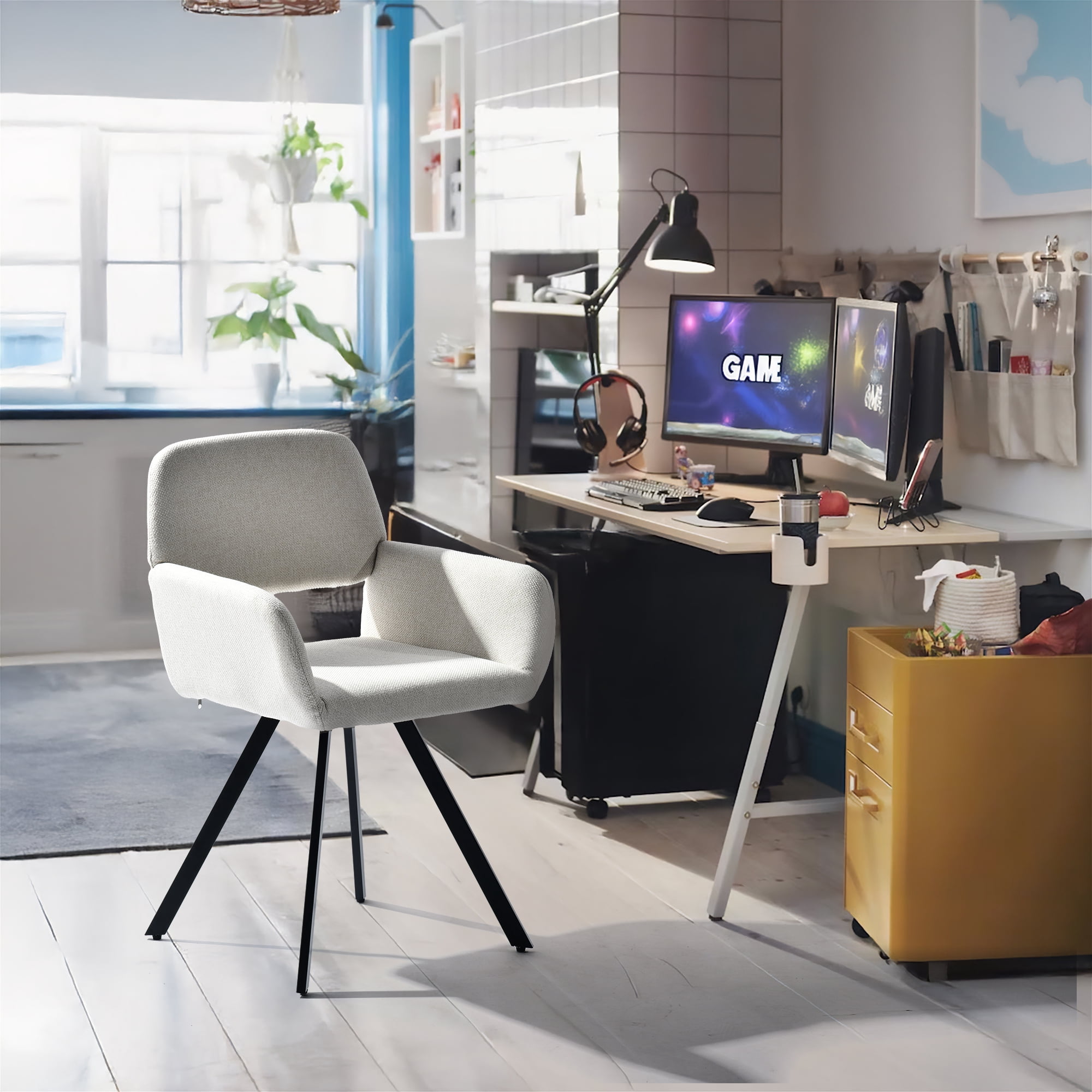 Homy Casa Swivel Office Desk Chair, Upholstered Workstation Computer Chairs For Home Office Vanity, Beige