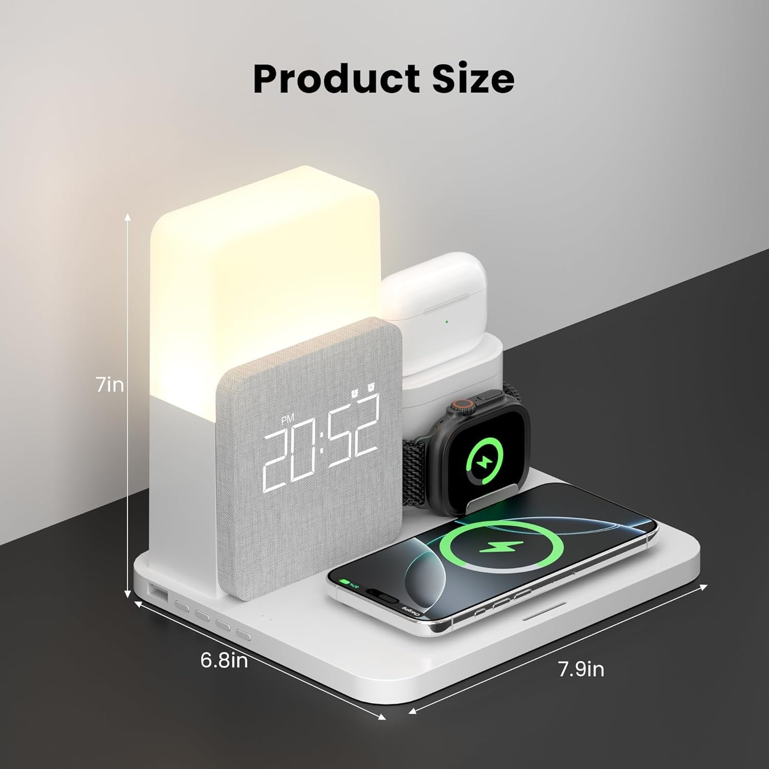 15W 3-in1 Wireless Charger Compatible iPhone 16/15/14/13/15, Apple Watch, AirPods – Fast Charging Dock w/Alarm Clock & Night Light White + 18W Adapter