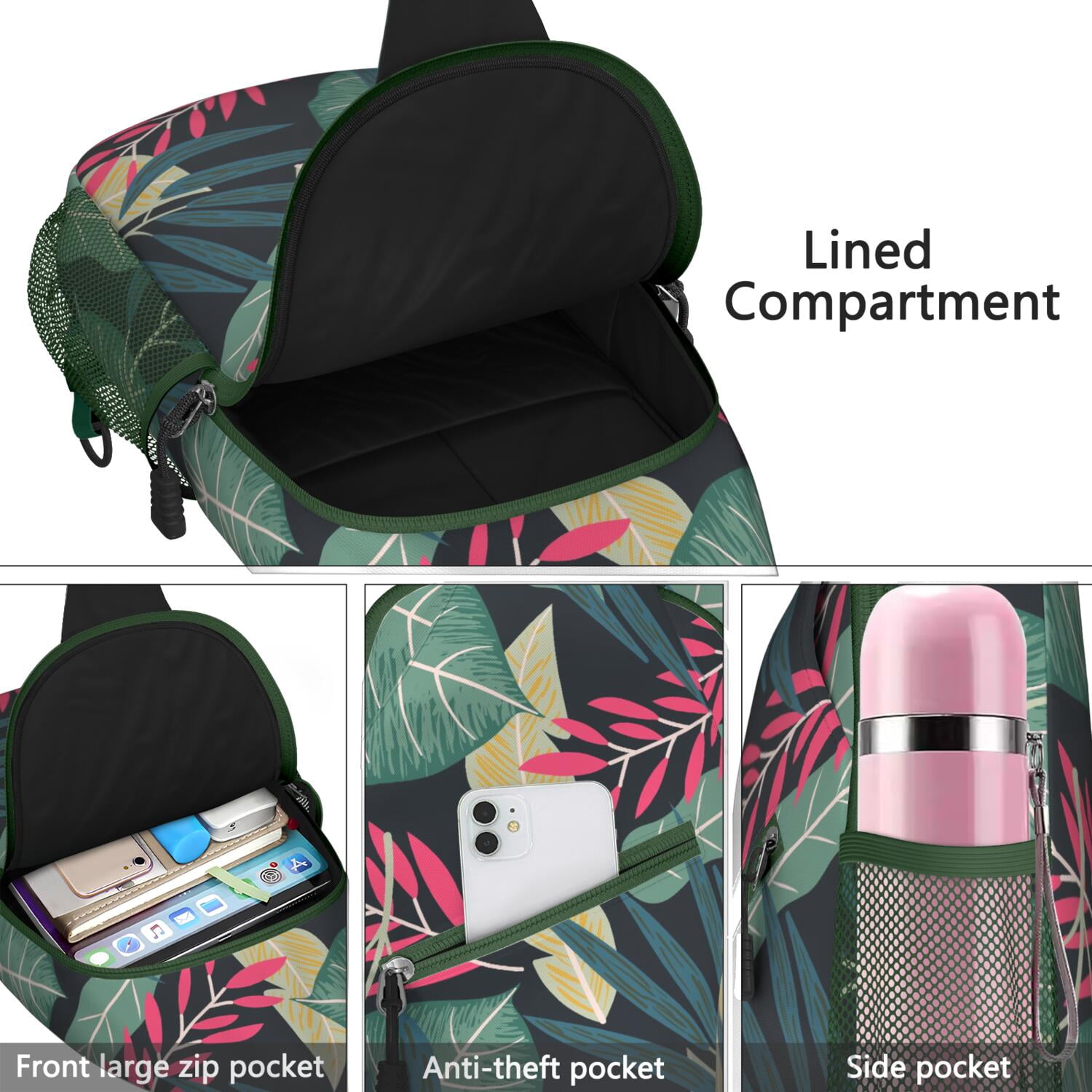 Tropical Floral Sling Bag for Women & Men - Anti-Theft Crossbody Chest Bag with Spacious Pockets - Perfect for Hiking, Travel, Beach