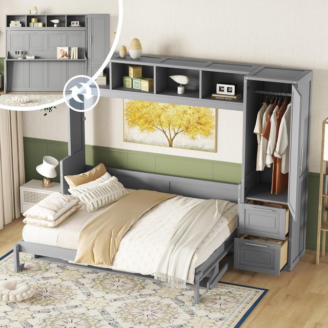 Lit Escamotable de Format Grand avec Armoire de Rangement Murale, Penderie et Tiroirs et Tablette Supérieure Intégrée, Lit Escamotable Dissimulé dans une Garde-Robe, Conception Gain de Place, Gris