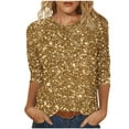 thumbnail image 2 of Women's 3/4 Sleeve Blouses Glitter Tops Crewneck Pullover Sweater Basic Casual Solid Color Tunic Tops Yellow M, 2 of 5