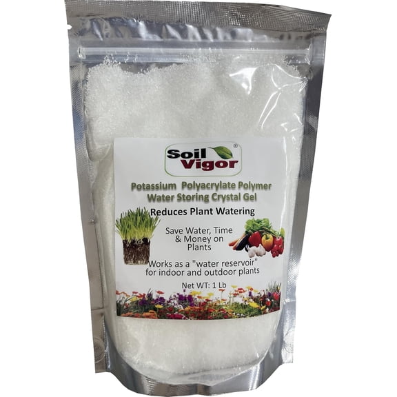 Soil Vigor Commercial-Grade Water Storing Crystals (Fine Granules) - Super Absorbent Polymer Reduces Watering by 50% for Lawns, Gardens, Indoor Plants 1 lb