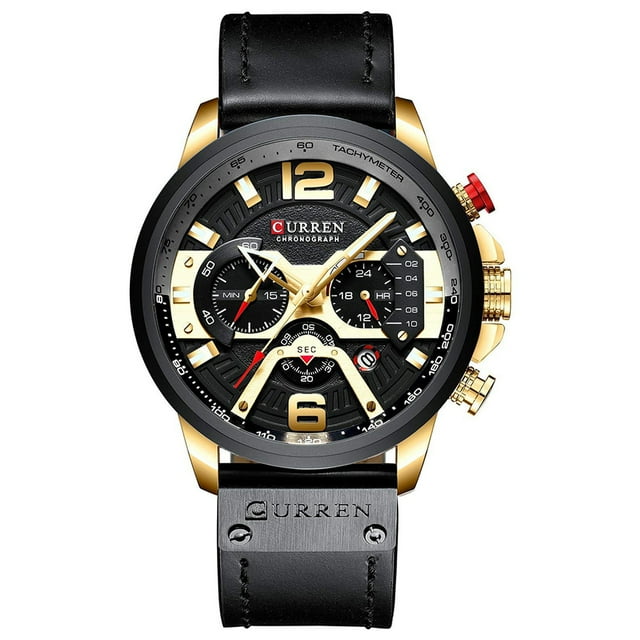 Reloj de cuarzo analógico con fecha y cronógrafo resistente al agua clásico informal de acero inoxidable con correa de cuero para hombre