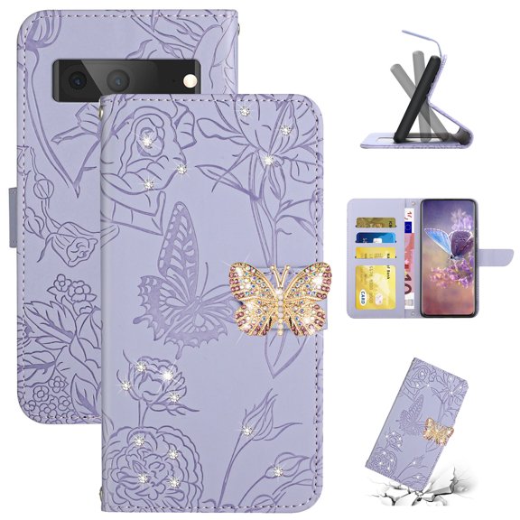 SaniMore Case for Google Pixel 8 6.3" 2023, [Crossbody/Wrist Lanyard] PU Leather Embossed Butterfly [Diamond Clasp] Card Slots Kickstand Shockproof Glitter Wallet Shell, Lightpurple