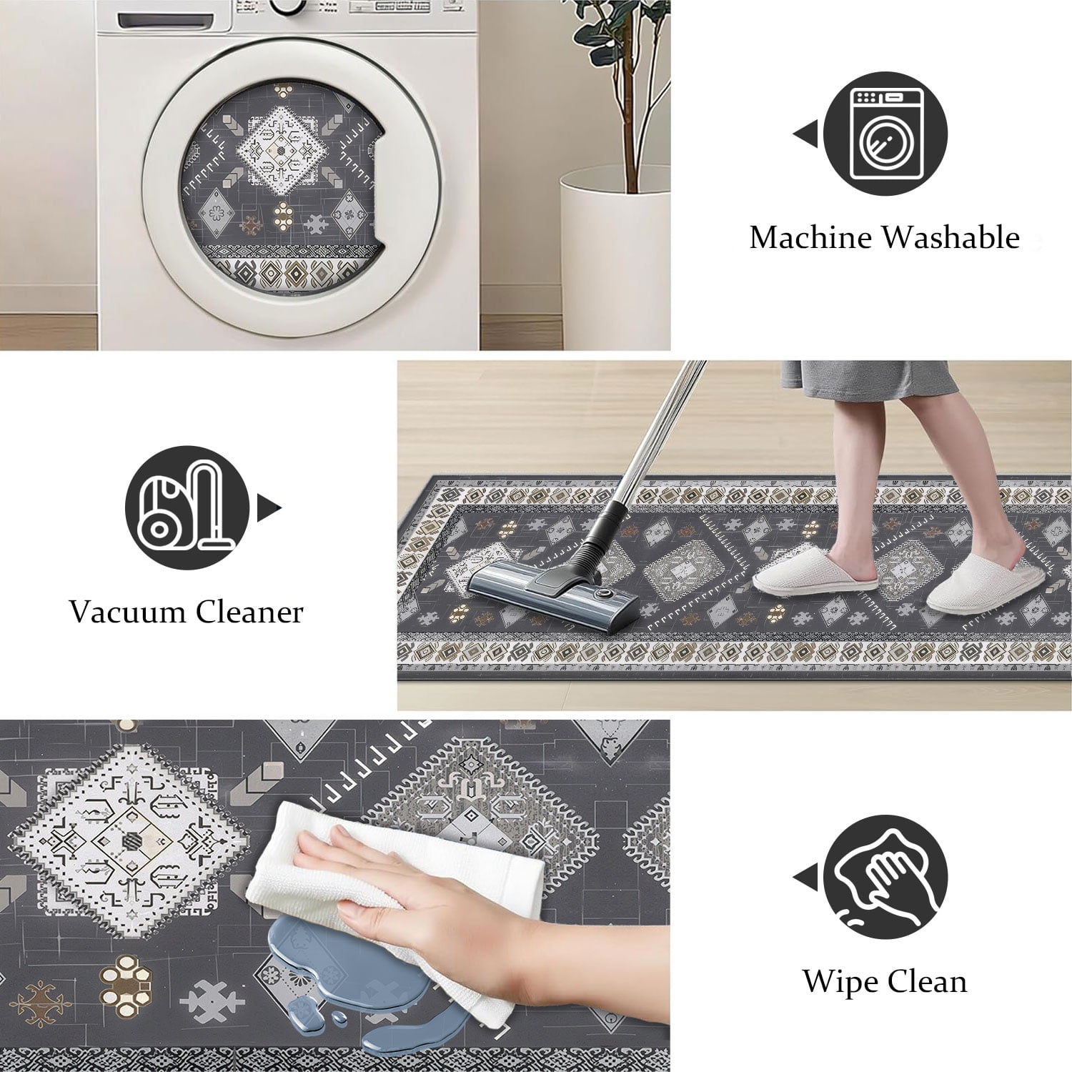 TECHVIDA Kitchen Rug Set 3 Piece,Non Slip Machine Washable Kitchen Mats, Farmhouse Hallway Doormat for Home Floor and Living Room,Gray
