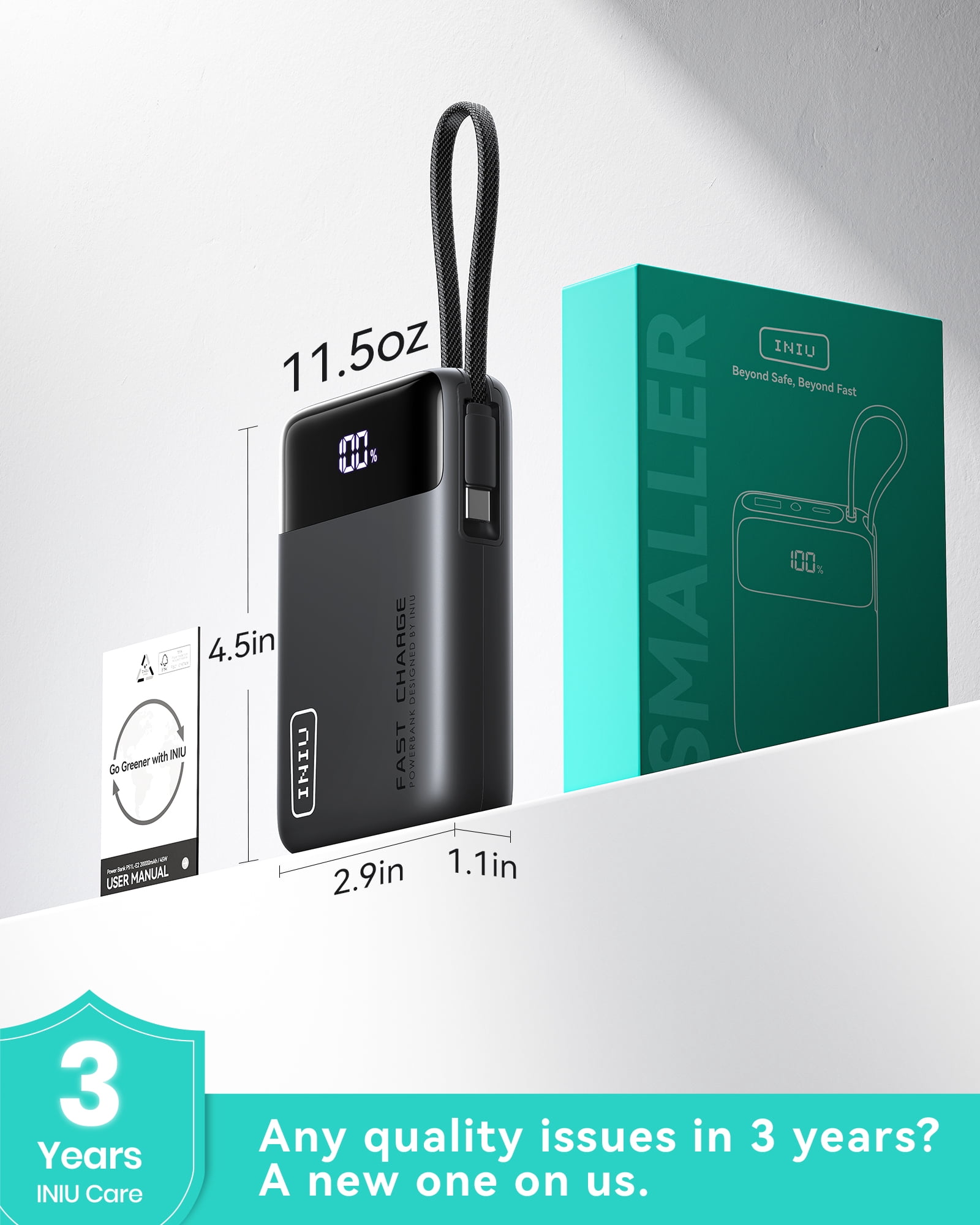 INIU 20,000 mAh Portable Power Bank with Built-in Cables, 45W Fast Portable Charger with USB-C, Battery Pack with LED Display Compatible with iPhone and Android Phone,Hiking,Travel Essentials,Black