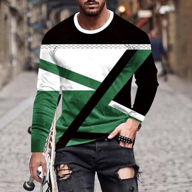 Blusas y camisas de manga larga con cuello redondo para hombre, estilo casual, cuello redondo, manga larga, estampado, blusa para hombre
