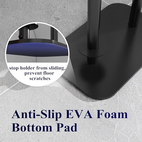 Freestanding Toilet Paper Holder for 4 Rolls with Anti-Slip Base and Storage Shelf, Rustproof Metal Bathroom Organizer for Phone & Essentials, Medium Black