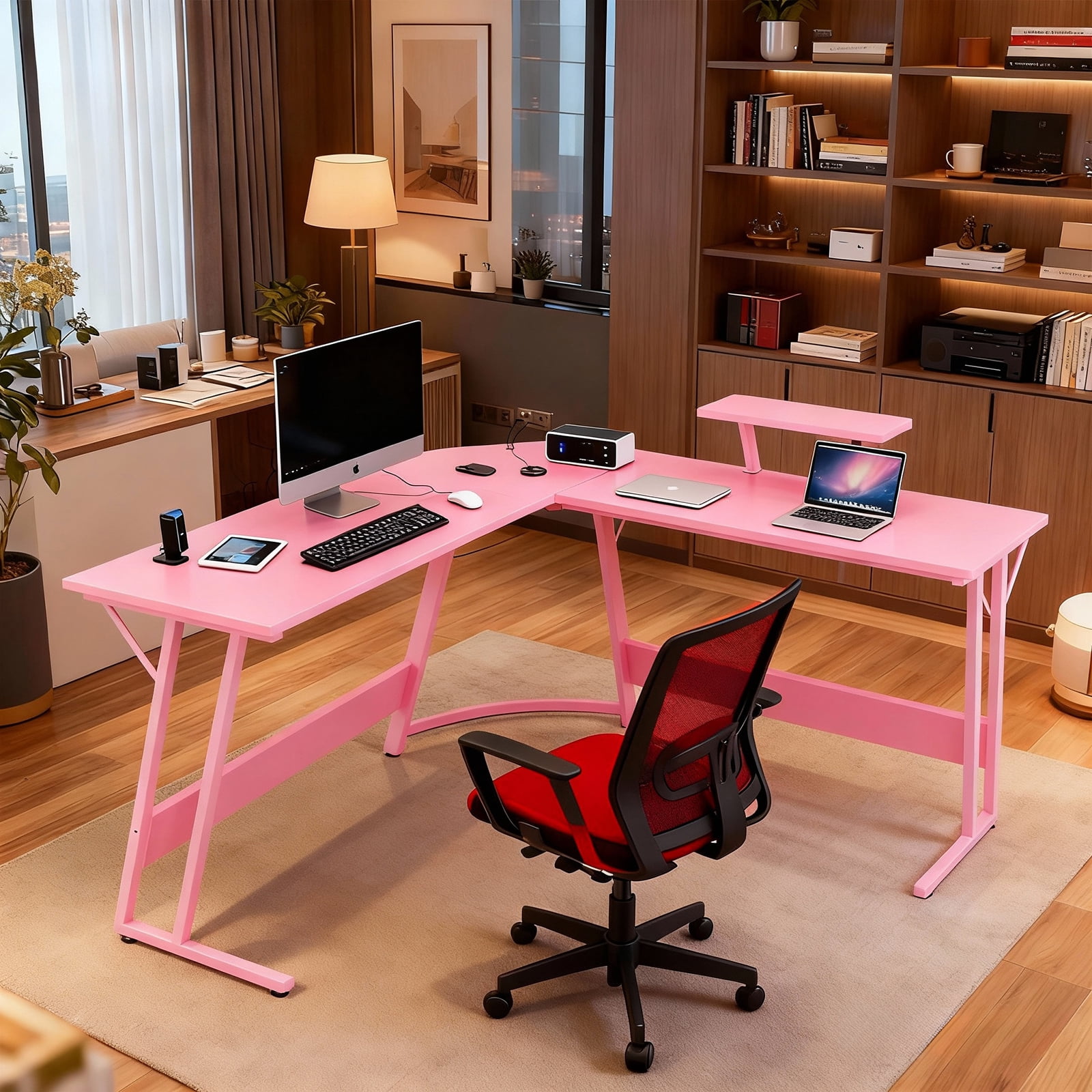 CL.HPAHKL L Shaped Gaming Desk, Computer Desk Corner Desk with Monitor Stand&Large Wooden Desktop, PC Gaming Desk Table for Home Office Sturdy Writing Workstation (Pink, 50 inch)