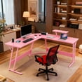 thumbnail image 3 of CL.HPAHKL L Shaped Gaming Desk, Computer Desk Corner Desk with Monitor Stand&Large Wooden Desktop, PC Gaming Desk Table for Home Office Sturdy Writing Workstation (Pink, 50 inch), 3 of 9