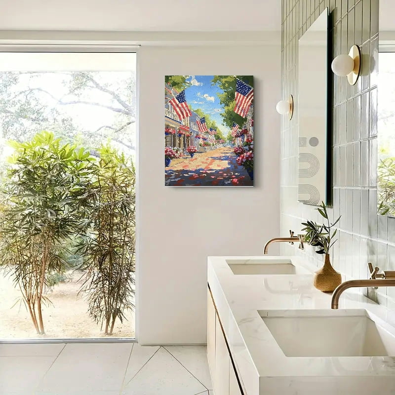 GooTPa 4th of July Patriotic Canvas Wall Art, Street Landscape Patriotic Canvas Prints Wall Art for Living Room Bathroom Bedroom Office, Art Print Painting for Home Decorations - 12x16in