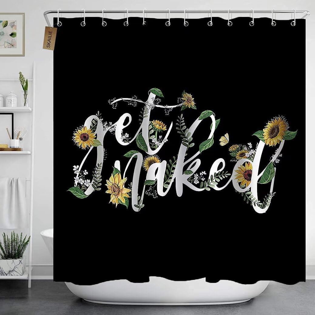 4Pcs Get Naked Sunflower Shower Curtain Sets Floral Green Bathroom Set Decor with Non-Slip Rugs Bath U-shaped Mat Toilet Lid Cover Country Flower Bathroom Curtains Shower Set with 12 Hooks