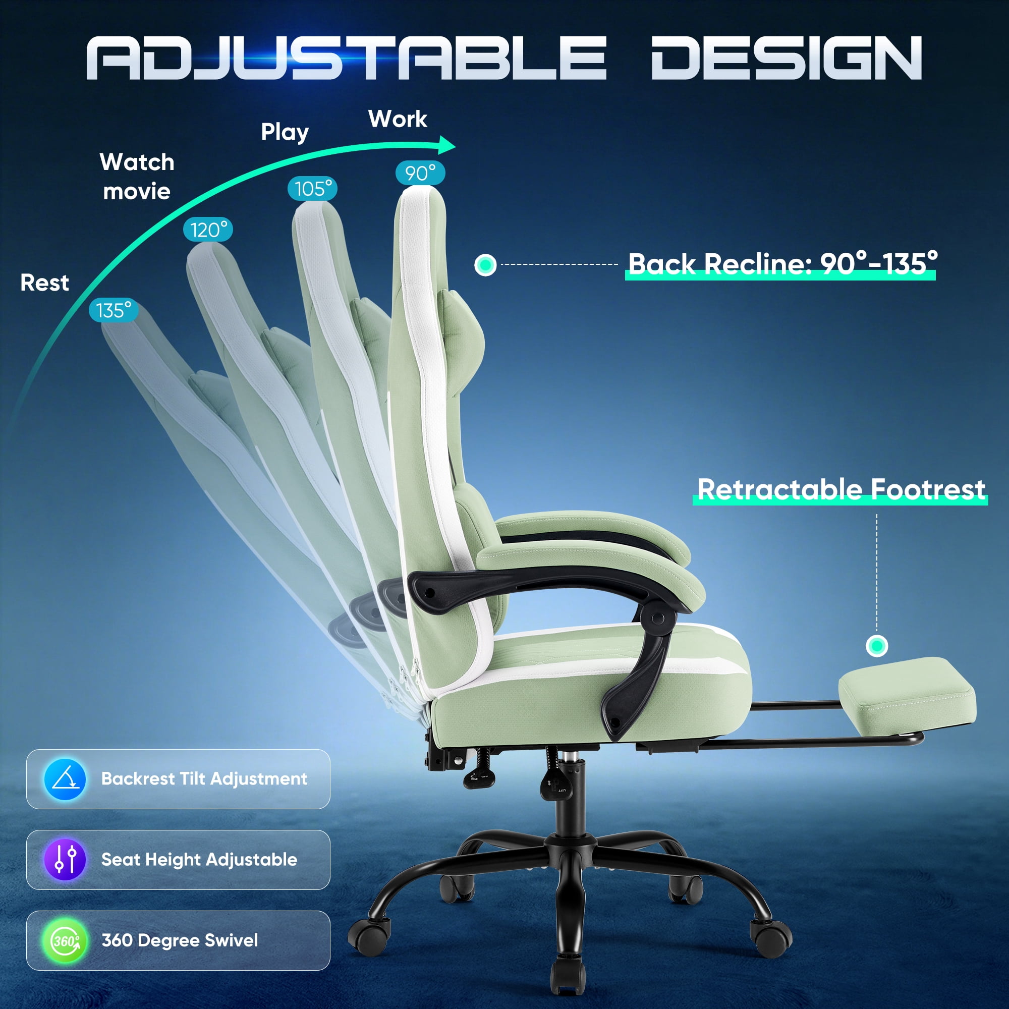 Gianna Gaming Chair with Footrest, Ergonomic High‑Back Computer Chair with Lumbar Support, Adjustable Height & Headrest, Green