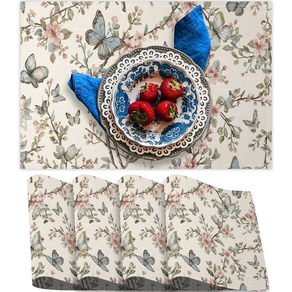 SUNOLIFE Spring Floral Placemats Set of 4 Butterfly Linen Double-Sided Table Place Mats for Dining Table Decor 12"Wx18"L in
