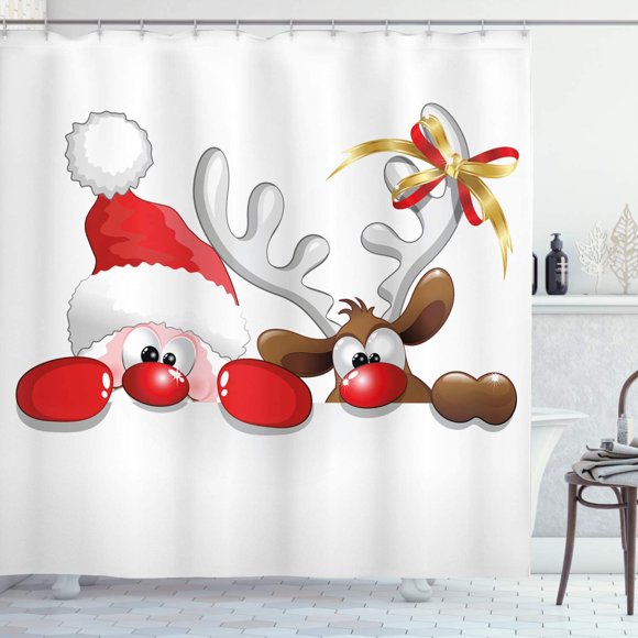 Christmas Shower Curtain, Funny Santa Reindeer, Fabric Bathroom Decor Set with H