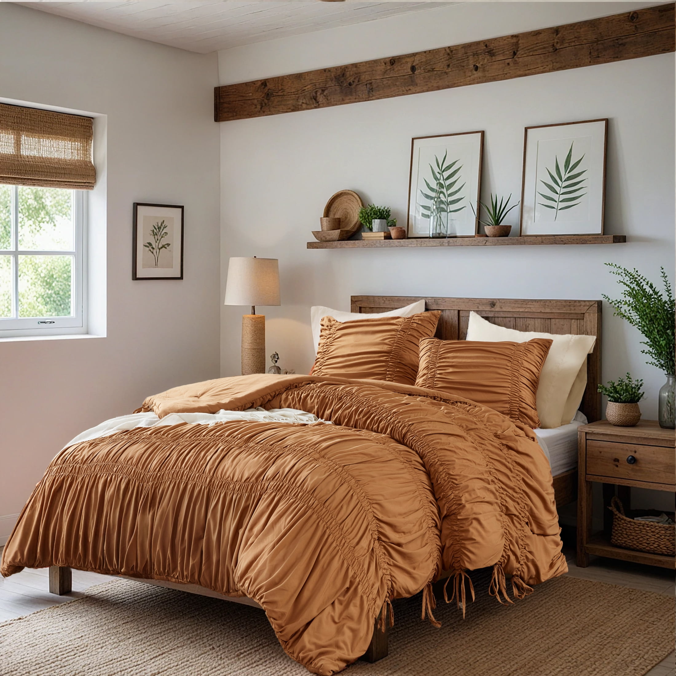 Regency Heights Full/Queen Soft Washed Comforter Set, Ruched Striped Dorm Bedding Sets, 3-Piece Brown French Country Comforter Bed Set with Bow Ties and Sham for All Season