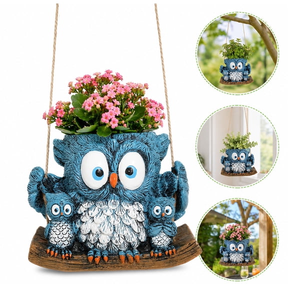 Owl Family Swing Hanging Planter, 5.9 Inch Farmhouse Resin Succulent Pot Indoor Outdoor Decor