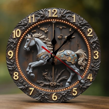 Wall Clock Decorative - Carousel Horse Vintage Print 2D Vintage Wall Clocks Battery Operated Silent Non-Ticking for Bedroom, Living Room, Kitchen, Office, Classroom, 10 Inch