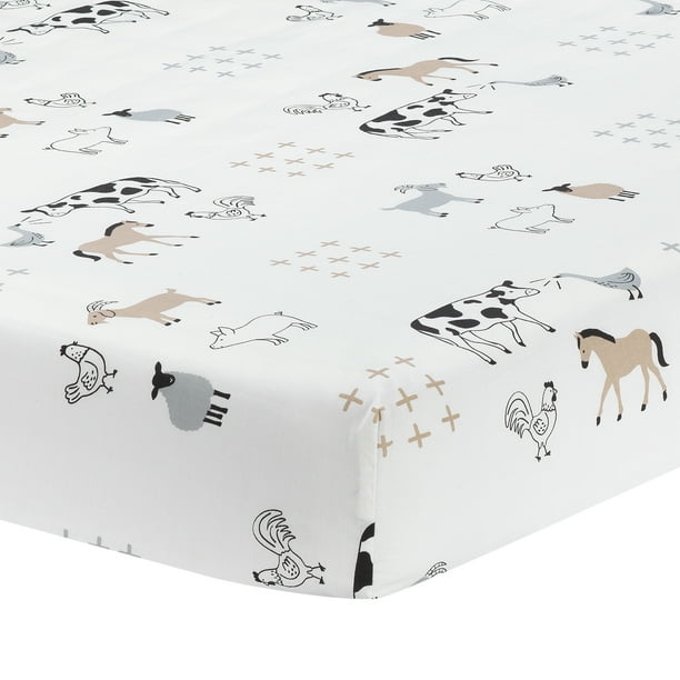 Lambs & Ivy Baby Farm Animals 100 Cotton Fitted Crib Sheet White