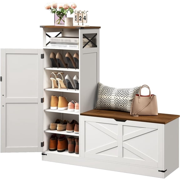 Shoe Cabinet with Bench, L-Shaped Shoe Bench, Storage Bench, Farmhouse Shoe Storage Cabinet with Adjustable Shelves, for Entryway, Living Room, and Stairwell, White and Walnut