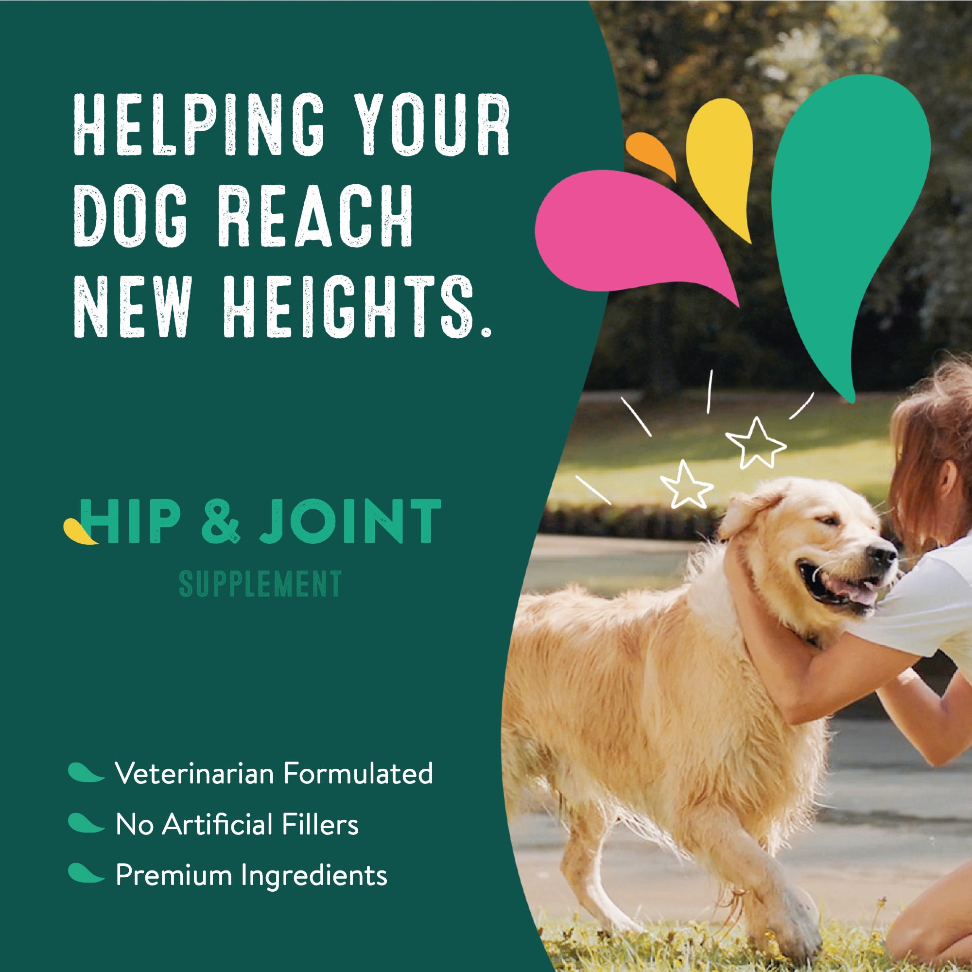 Happy Go Healthy Hip & Joint Supplements for Dogs | Probiotic & Prebiotic Benefits with Wild Salmon Omega 3s to Help Your Dog Reach New Heights | All Breeds and Sizes | 120 Count
