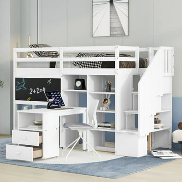 Twin Size Loft Bed with Pullable Desk and Storage Shelves, Solid Wood Loft Bed Frame with Staircase and Blackboard Low Loft Bed with Full-Length Guardrails for Boys Girls No Box Spring Needed, White