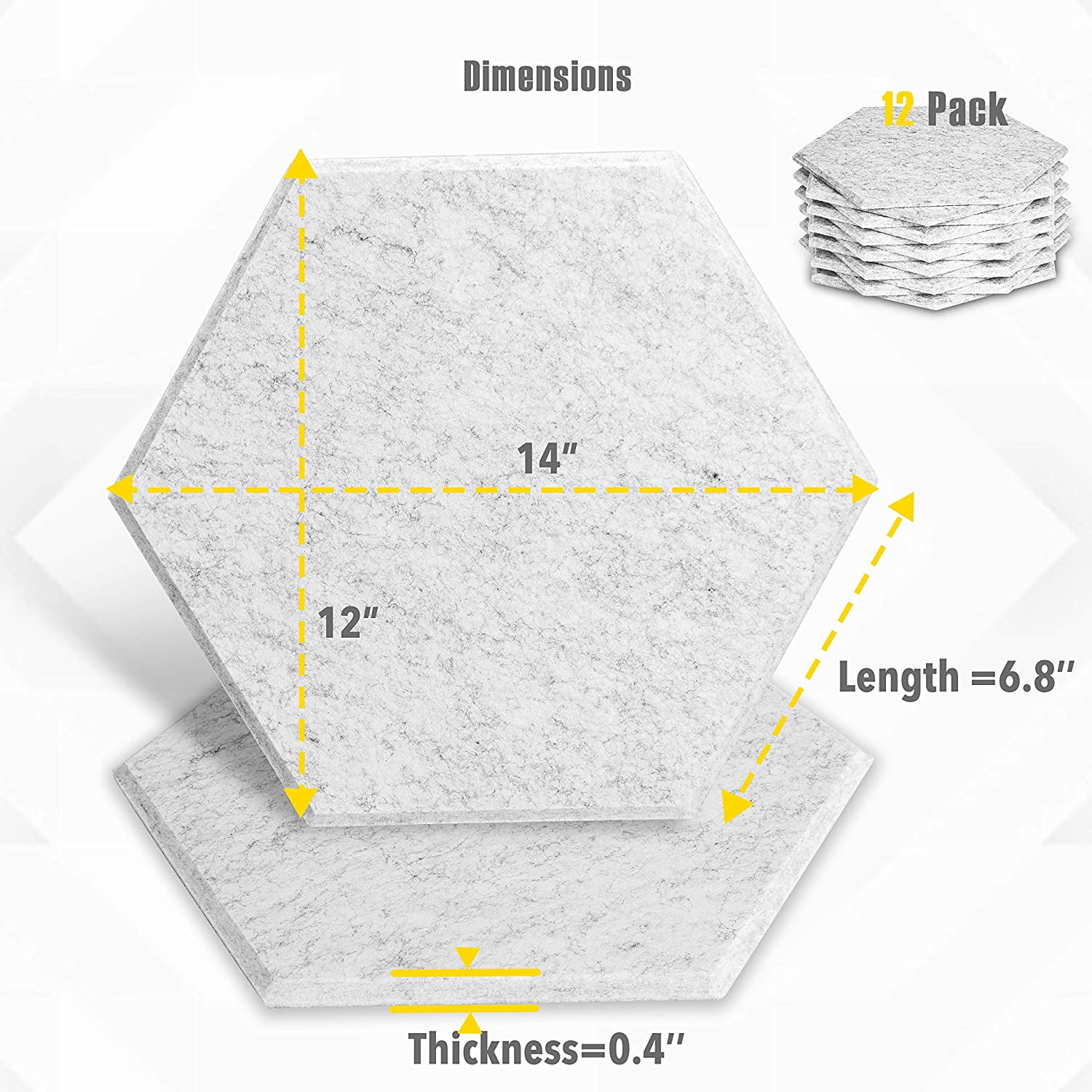 Sonic Hexagon Sound Absorption Acoustic Panels Beveled Edge Silver Grey 12'' X 14'' X 0.4'' 12 Panel