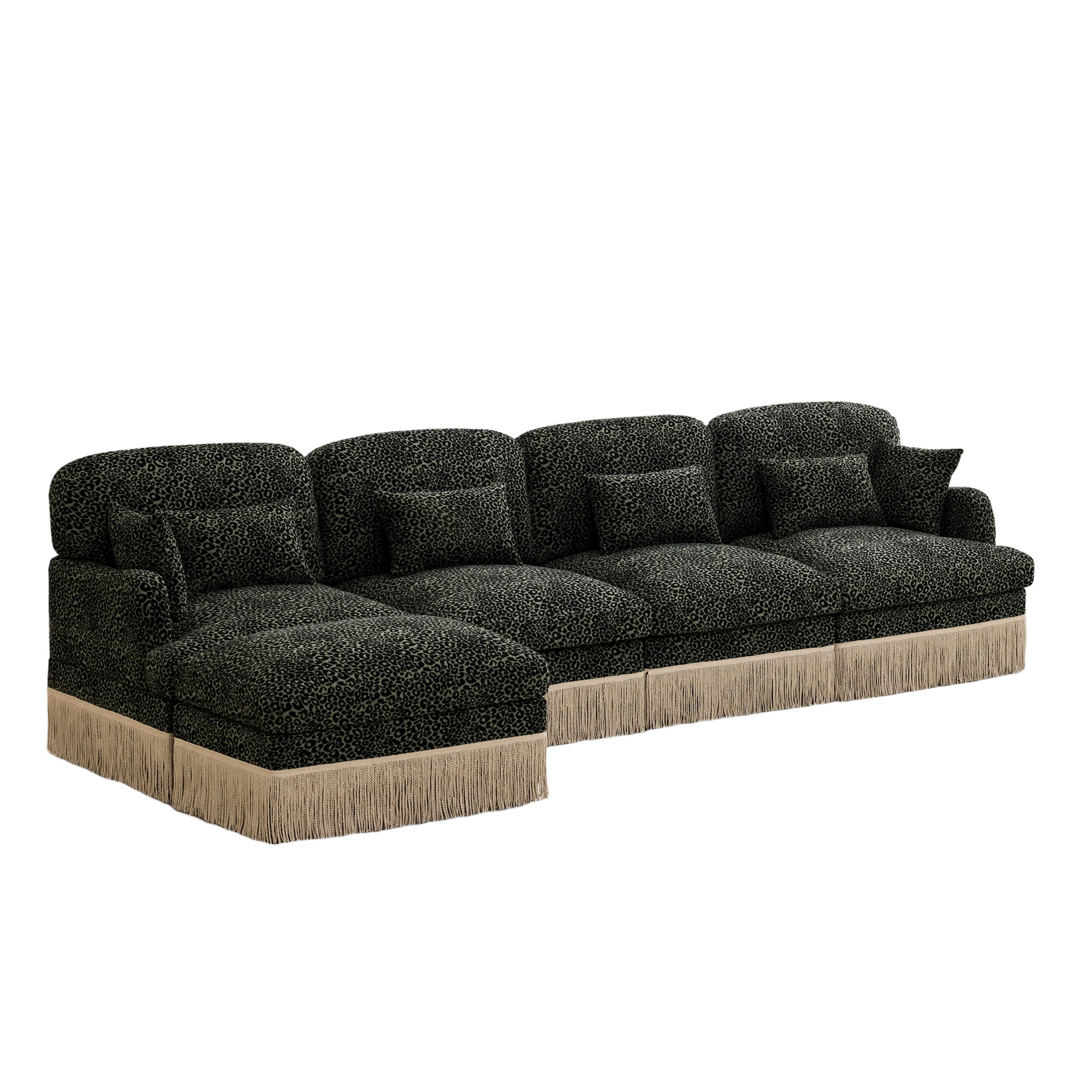 Noble House Carola Leopard Print Chenille 4-Seater Sofa, Modular Sectional Couch with Ottoman and Tassel Trim, Green