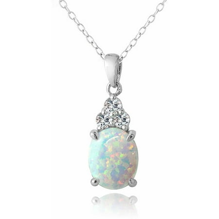 Created White Opal and White Sapphire Sterling Silver Oval Necklace ...