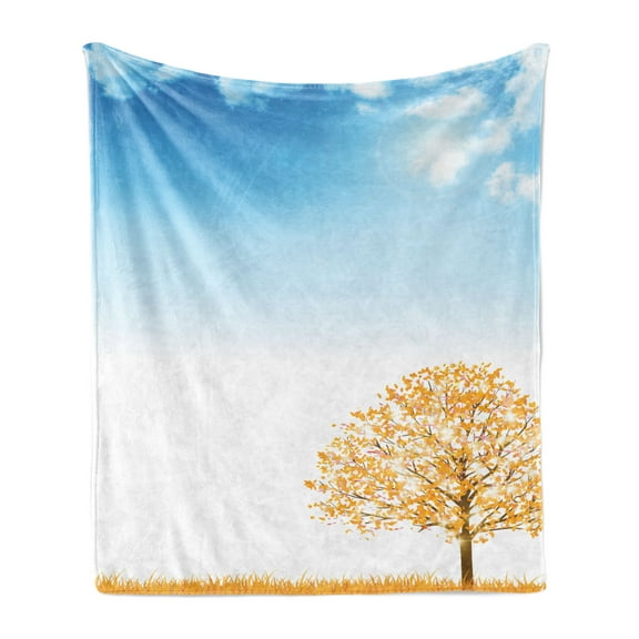 Autumn Soft Flannel Fleece Blanket, Maple Tree in the Fall Sun with Warm Colored Foliage Pastoral Landscape, Cozy Plush for Indoor and Outdoor Use, 50" x 70", Orange Blue and White, by Ambesonne