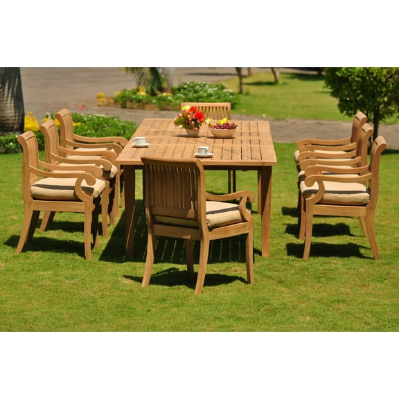 Teak Dining Set: 8 Seater 9 Pc: Large Atnas 118" Dining Rectangle Table Table & 8 Giva Arm/Captain Chairs Outdoor Patio Grade-A Teak Wood WholesaleTeak #WMDSGV47