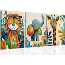 3Pcs Safari Animal Nursery Canvas Wall Art Cute Watercolor Elephant Giraffe Lion Pictures Wall Decor Colorful Jungle Animals Posters Painting Prints for Kids Room Baby Boys and Girls Room, d