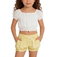 thumbnail image 3 of Girls Plaid Ruffled Bloomers, Elastic Waist Cute Gingham Shorts with Bow for Playdates and Casual Outings Yellow 160, 3 of 8