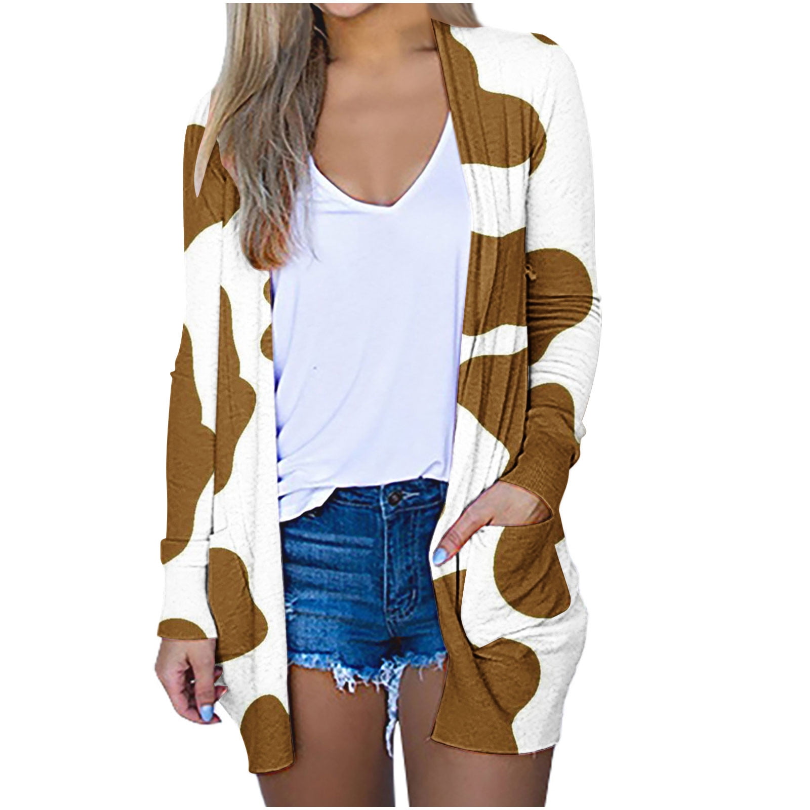 Lcziwo Cardigan Automne 2024 Pour Femmes, Cardigans Imprimé Vache Léger Ouvert, Blouses Tendance Décontractées à Manches Longues Avec Poche Noir P