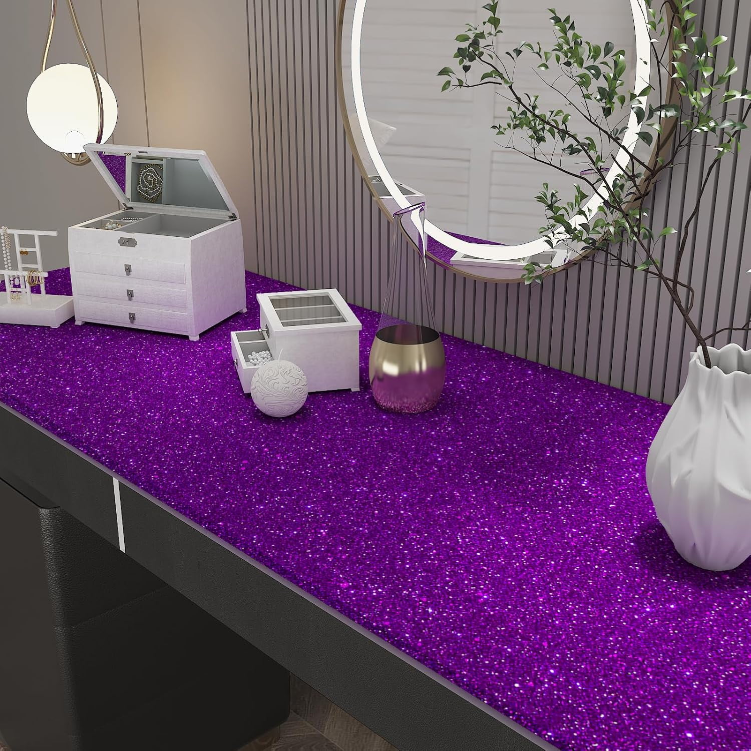 15.7''x236'' Dark Purple Glitter Contact Paper Peel and Stick for Bedroom Walls Self Adhesive Sparkle Glitter Wallpaper Decorative Removable Purple Wallpaper Fabric Roll for Cabinet Shelf Liner