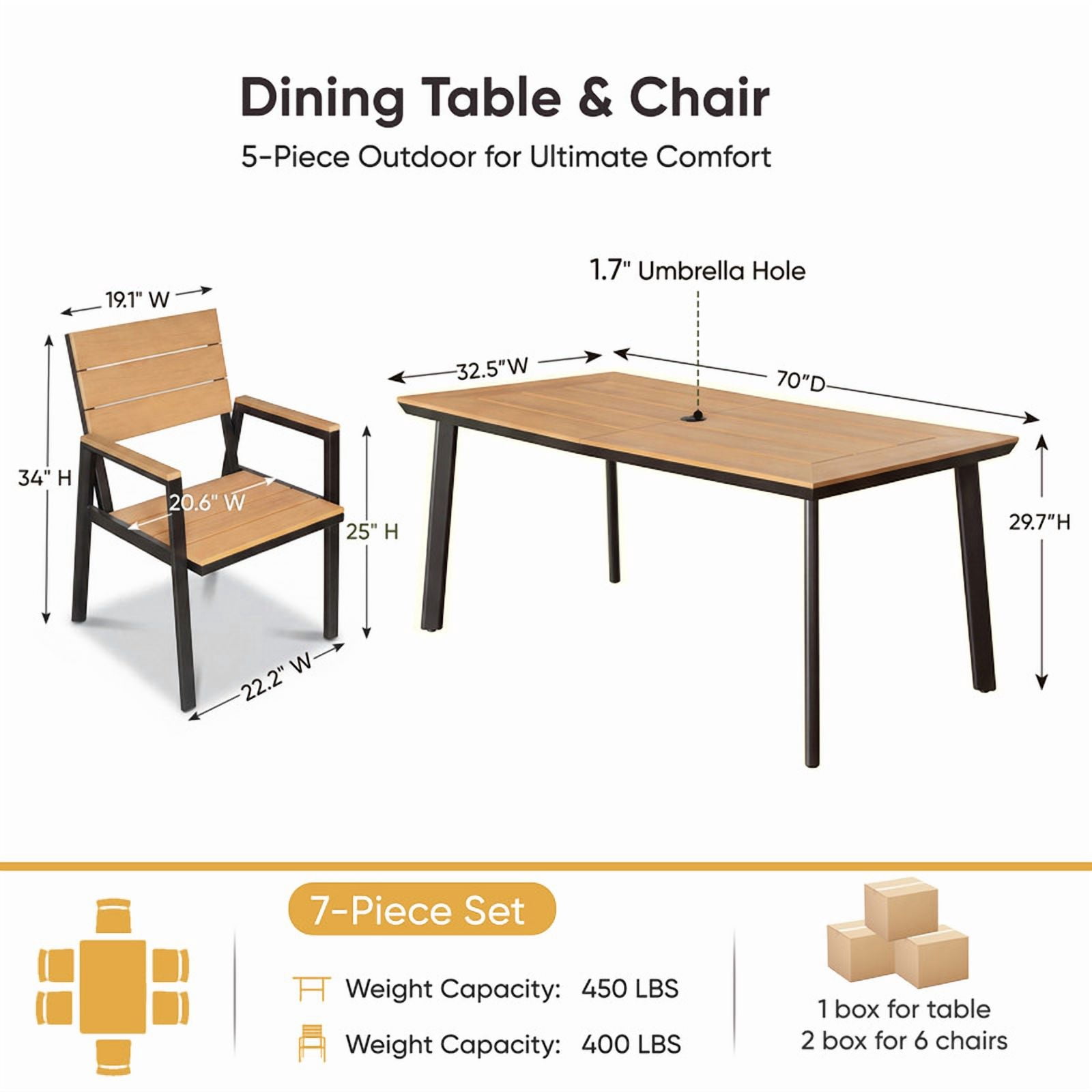 Vineego 7‑Piece Patio Dining Set for 6, Weather‑Resistant Aluminum & HIPS Outdoor Furniture with Umbrella Hole