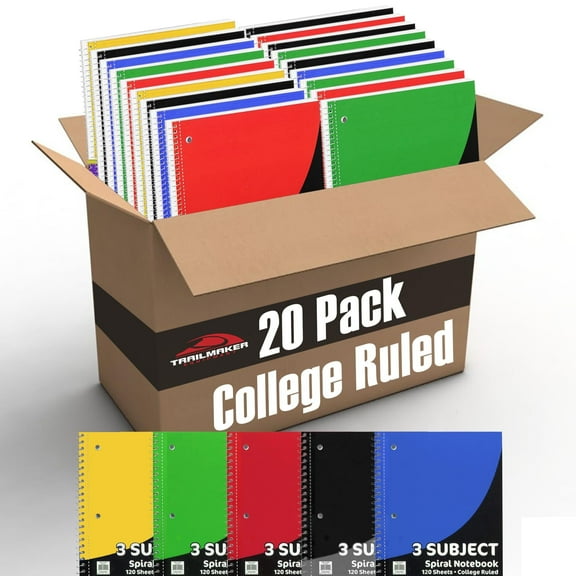 20 Pack of Bulk Wholesale 3 Subject 120 Sheet College Ruled Lined Spiral Notebooks in Assorted Colors