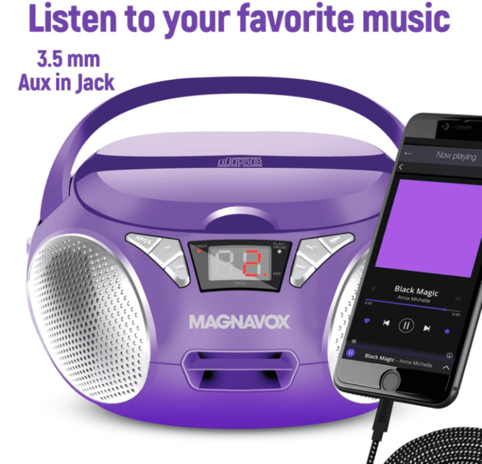 Magnavox Portable CD Boombox with FM Stereo Radio, Top-Loading CD Player, AUX Input, LED Display, AC/DC Power, Battery Operated Boombox, Purple