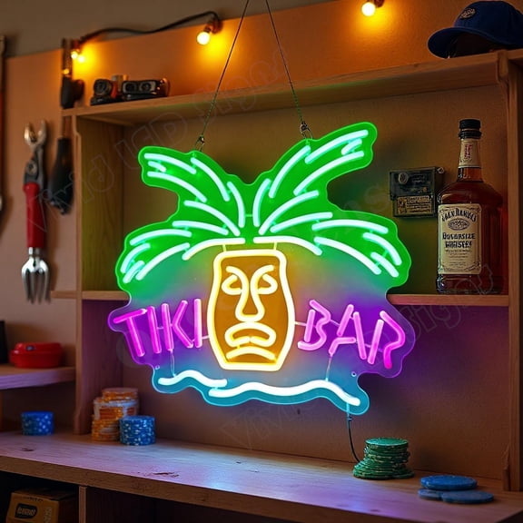 Queen Sense 16"x14" Tiki Bar Palm Tree Mask LED Neon Sign for Wall Decor Dimmable USB Powered LED Light W116TBPTM-5VLED