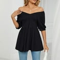thumbnail image 3 of Women Summer Loose Top Mid Length Puff Sleeve V Neck Ruffle Hem Blouse for Female Black XXL, 3 of 7