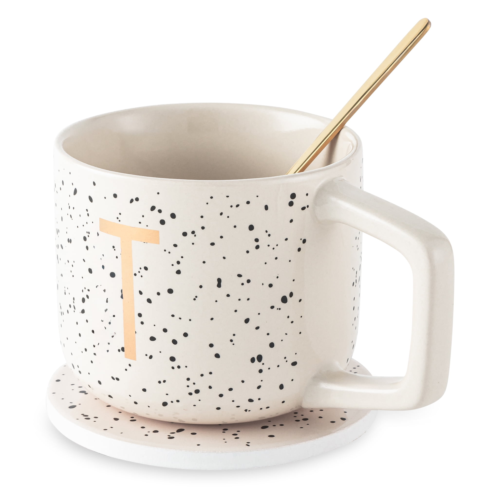 Thyme & Table Monogram T 13.5 fl oz Stoneware Mug Set with Coaster and Gold Stir Spoon