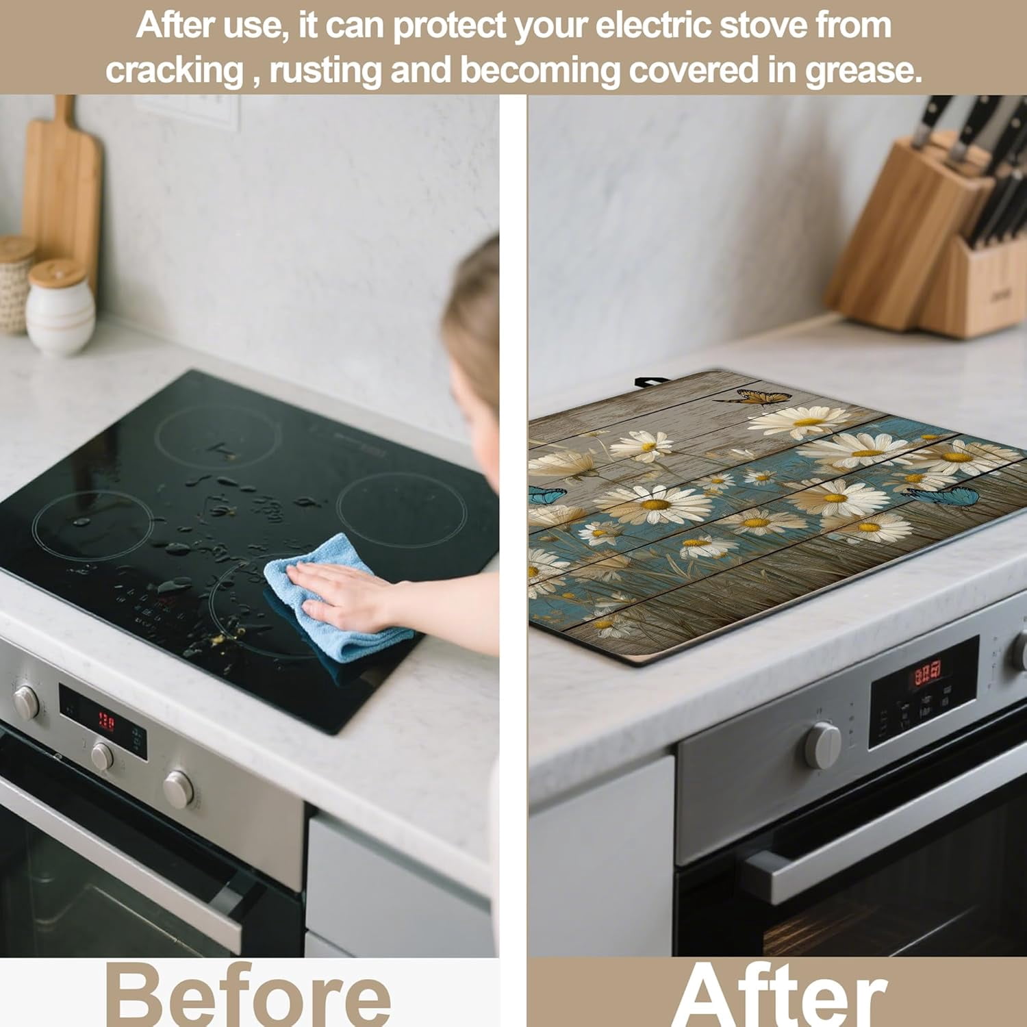 Vintage Daisy Butterfly Electric Stove Top Cover Protector,Rustic Wooden Heat Resistant Glass Top Stove Oven Induction Cooktop Mat with Rubber for Kitchen Top Covers 28.5“ x 20.5“