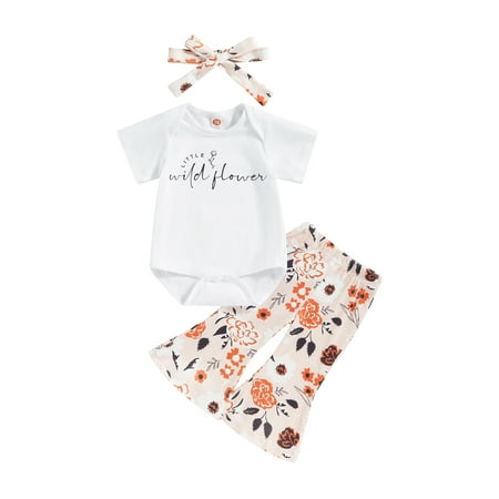 

Baby Girls Pants Set Short Sleeve Letters Print Romper with Flower Flare Pants and Headband