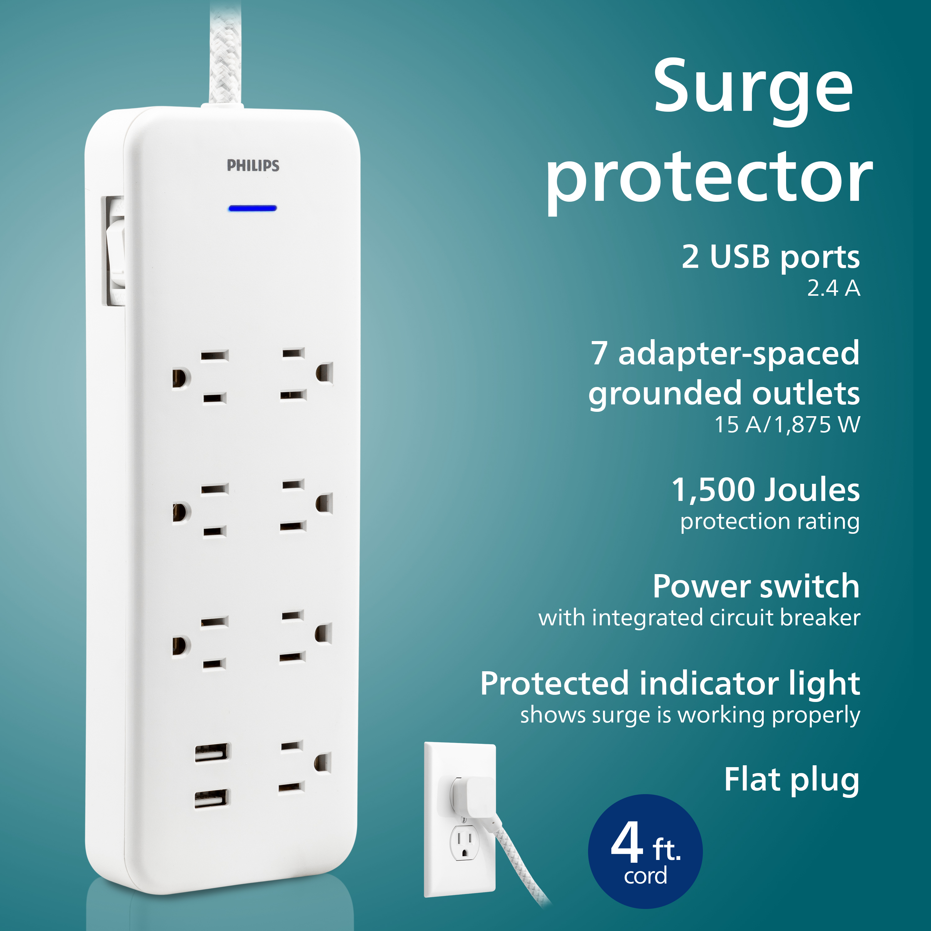 Philips 7-Outlet Surge Protector, 2USBA, 4ft Braided Cord, White, - image 4 of 11