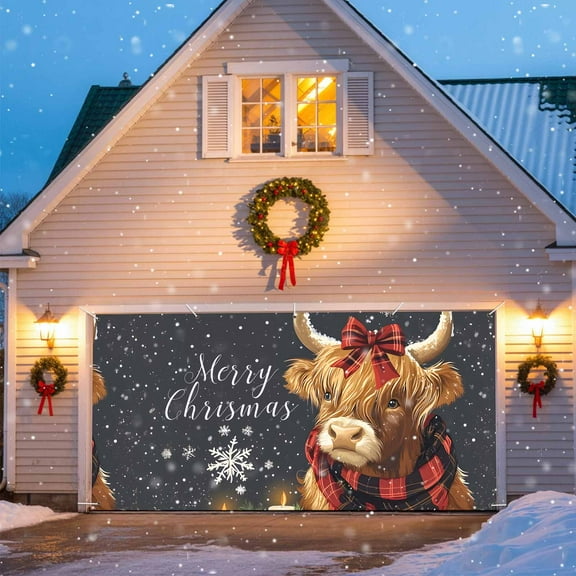 Snowflake Highland Cow Garage Door Banner Covers, Candle Pine Tree Merry Christmas Large Hanging Indoor/Outdoor Backdrop Background for Christmas Winter Party Decor, 6.9x8 FT